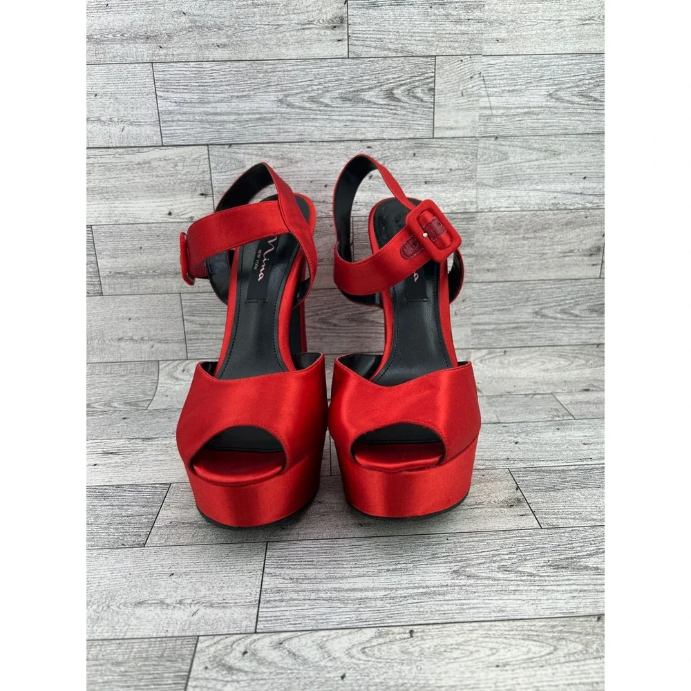Nina NY Red Satin Platform Sandals Peep Toe Block Heel Buckle Strap Women 8.5M